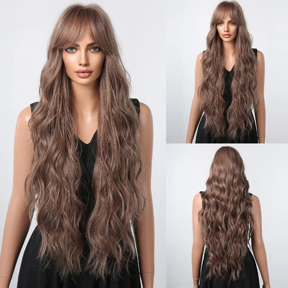 Brown Wavy Wigs for Women with Bangs Long Natural Synthetic Hair Wig Daily Cosplay Heat Resistant