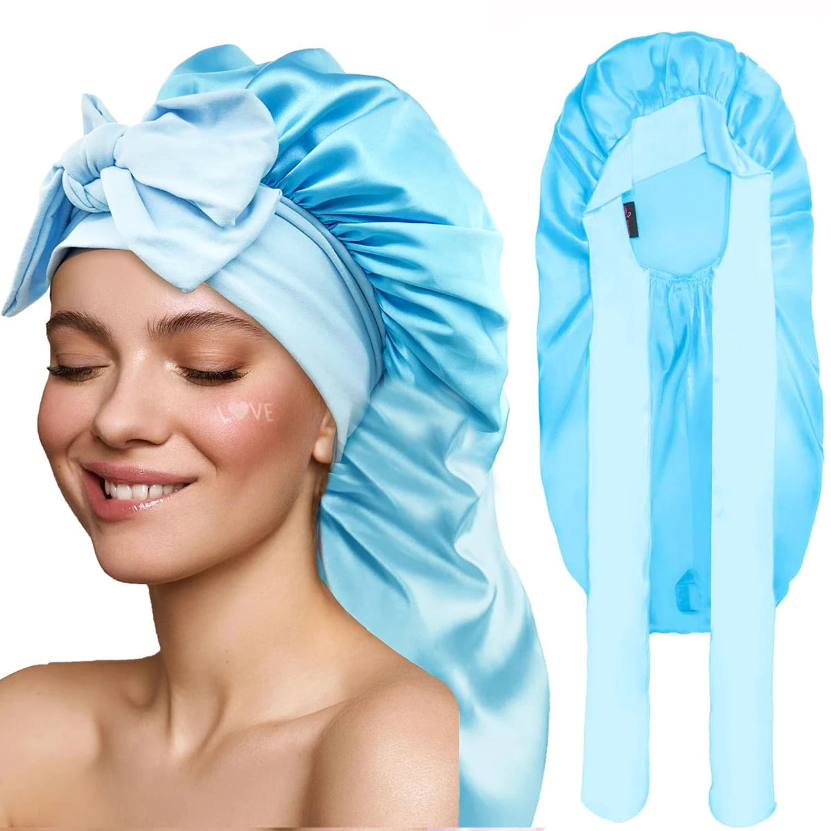 Women Bonnet Satin Sleeping Hat Long Tail Braid Hair Night Sleep Cap Head Cover Bonnets Shower Caps for Sauna Bathing Bonnet