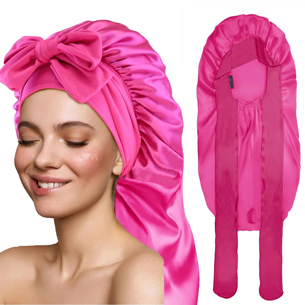 Women Bonnet Satin Sleeping Hat Long Tail Braid Hair Night Sleep Cap Head Cover Bonnets Shower Caps for Sauna Bathing Bonnet