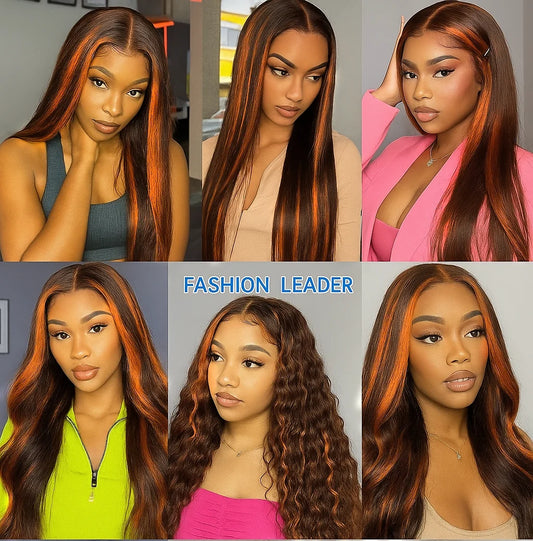 Highlight Lace Front Human Hair Wig Ginger Orange Gradient Straight Hair Glueless 5x5 Bleached Lace Wig Colored Human Hair wigs