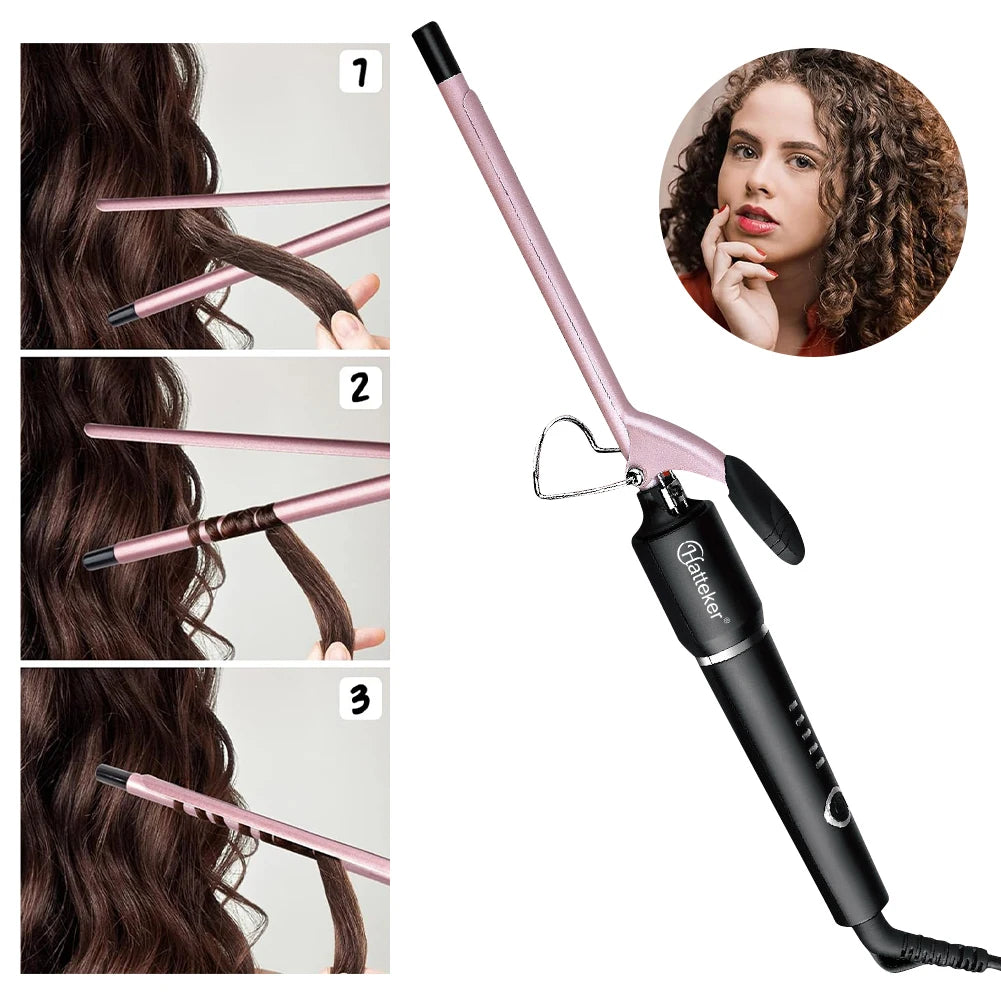 Hatteker 9mm Professional Hair Curler Ceramic Barrel Iron Smart Auto-Off Women's Wet/Dry Constant Temperature Protection Tool