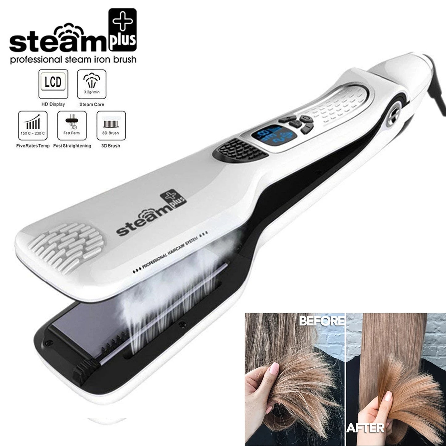 Professional Steam Hair Straightener Brush Anti-scald Negative Ion Hair Care Ceramic Wide Hair Curling Flat Plates Lcd Display