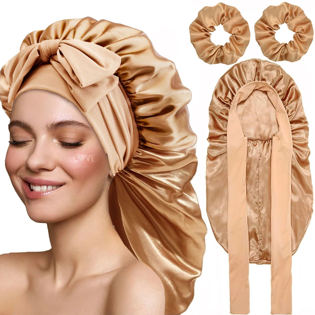 Women Bonnet Satin Sleeping Hat Long Tail Braid Hair Night Sleep Cap Head Cover Bonnets Shower Caps for Sauna Bathing Bonnet