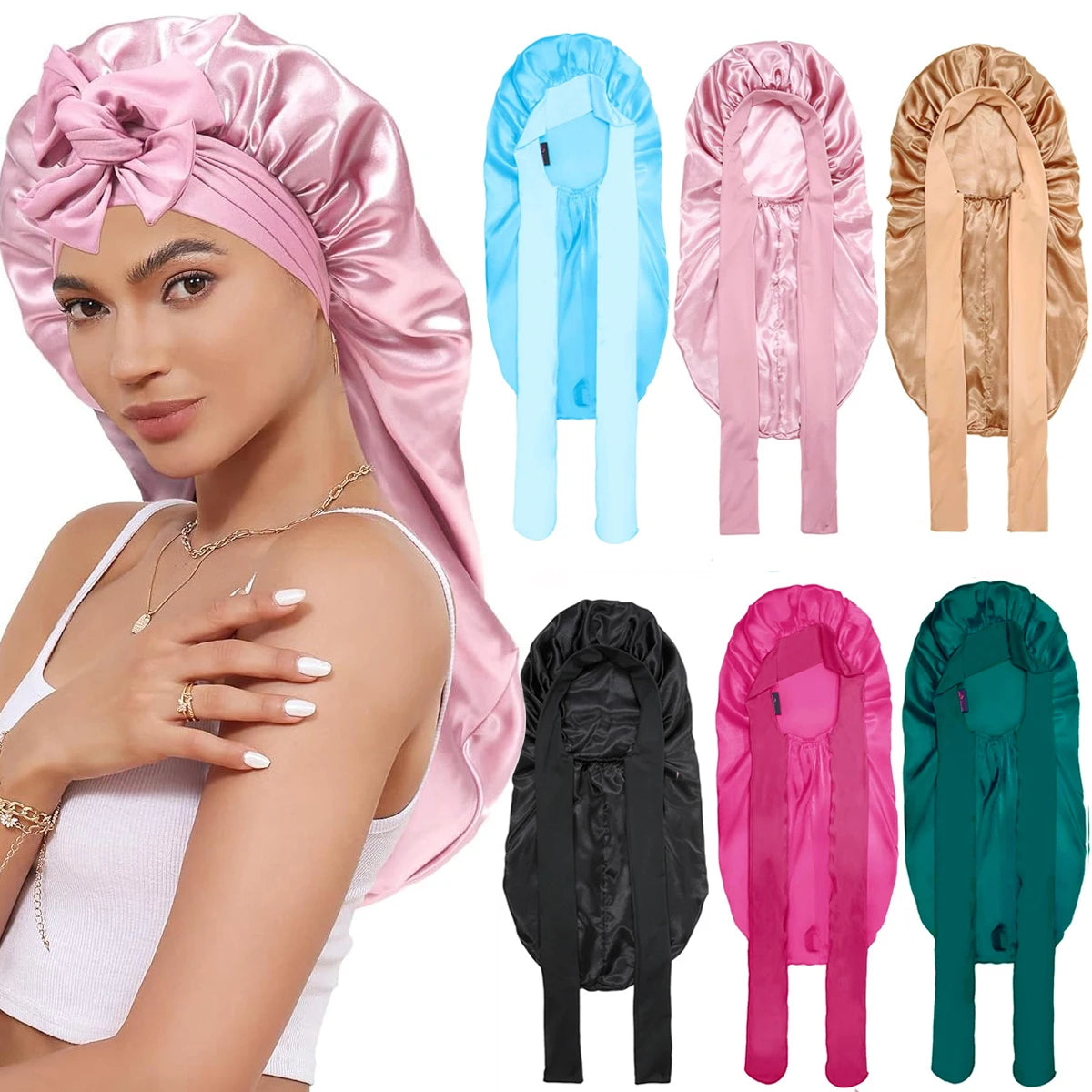 Women Bonnet Satin Sleeping Hat Long Tail Braid Hair Night Sleep Cap Head Cover Bonnets Shower Caps for Sauna Bathing Bonnet