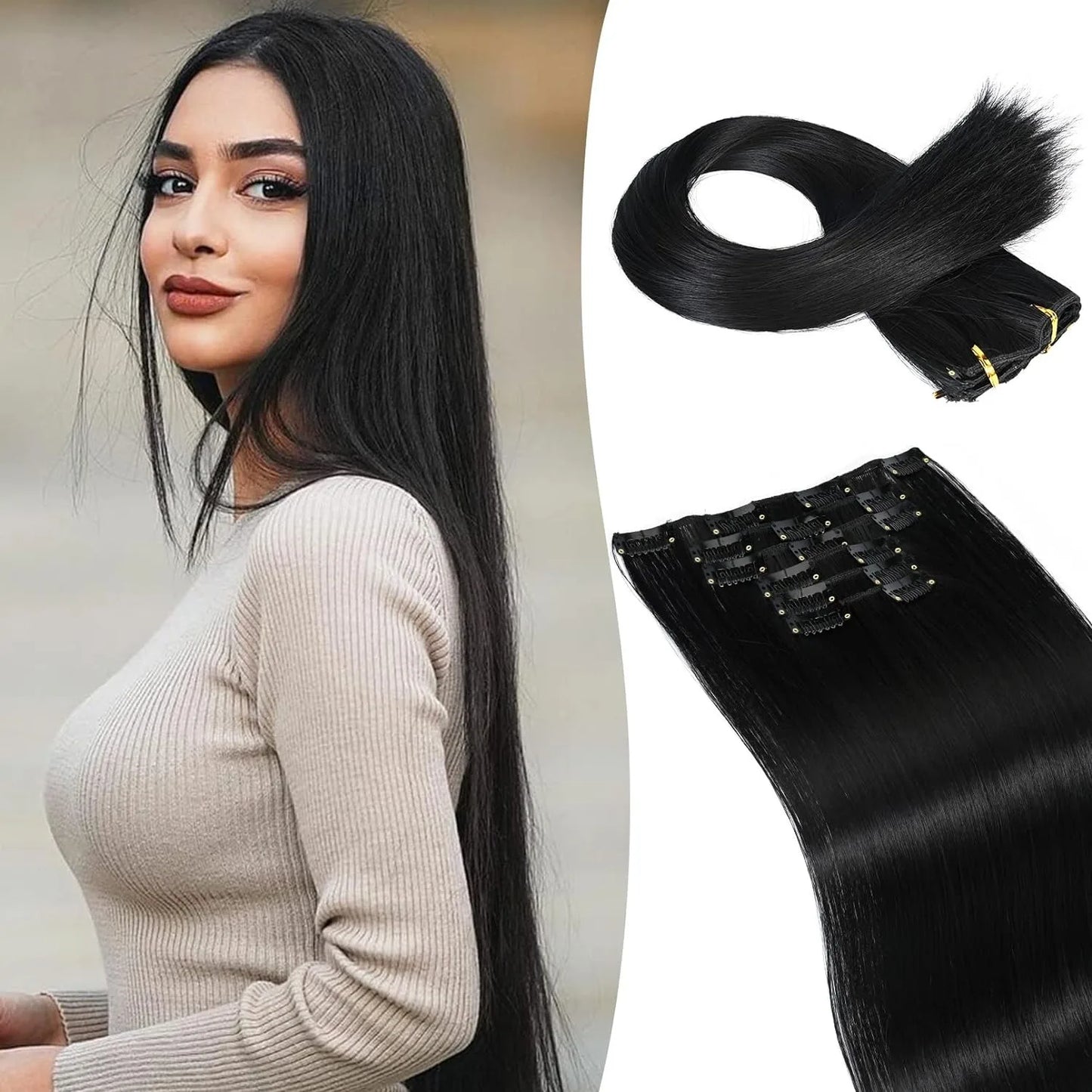 Synthetic 24Inch 16 Clips in Hair Extensions Long Straight Hairstyle Blonde Black Hairpieces Heat Resistant False Hair Daily Use