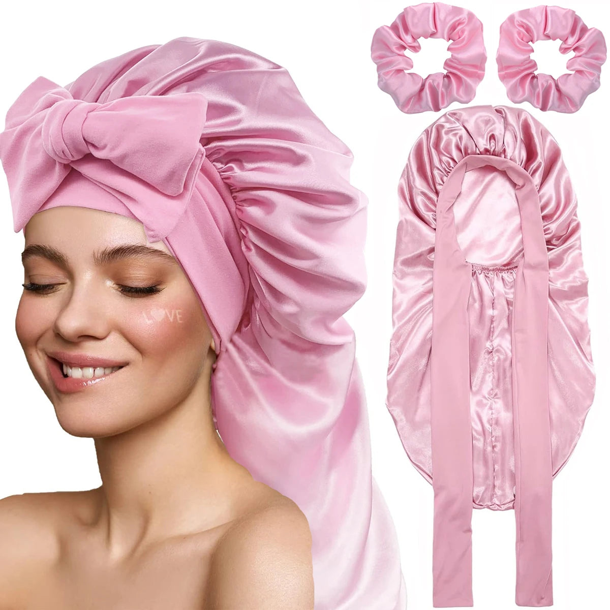 Women Bonnet Satin Sleeping Hat Long Tail Braid Hair Night Sleep Cap Head Cover Bonnets Shower Caps for Sauna Bathing Bonnet