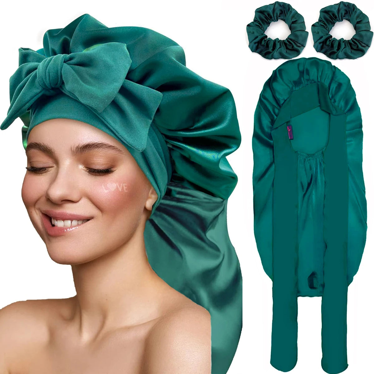 Women Bonnet Satin Sleeping Hat Long Tail Braid Hair Night Sleep Cap Head Cover Bonnets Shower Caps for Sauna Bathing Bonnet