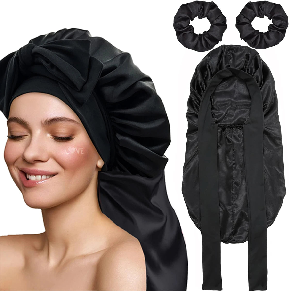 Women Bonnet Satin Sleeping Hat Long Tail Braid Hair Night Sleep Cap Head Cover Bonnets Shower Caps for Sauna Bathing Bonnet