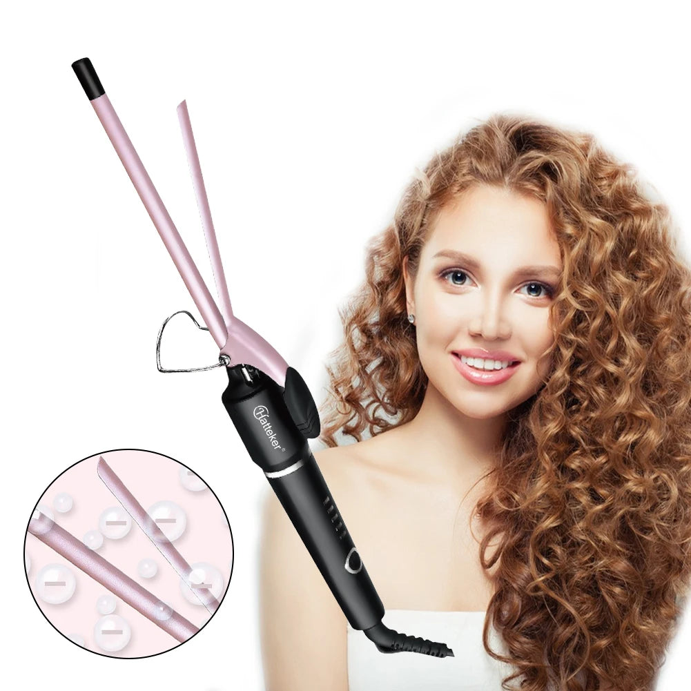 Hatteker 9mm Professional Hair Curler Ceramic Barrel Iron Smart Auto-Off Women's Wet/Dry Constant Temperature Protection Tool