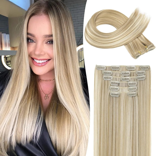 Synthetic 24Inch 16 Clips in Hair Extensions Long Straight Hairstyle Blonde Black Hairpieces Heat Resistant False Hair Daily Use