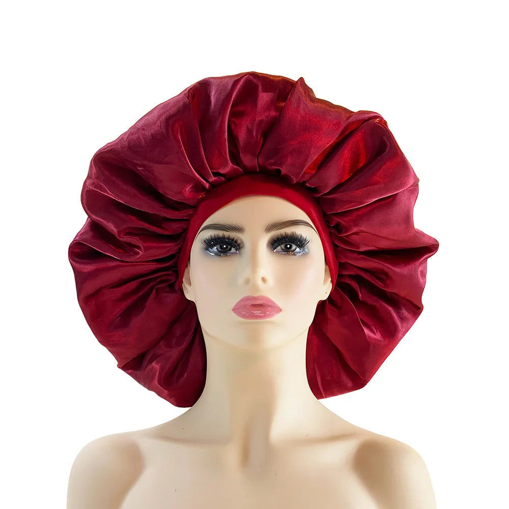 New Women Oversized Silky Hair Soft Elegant Bonnet Solid Color Satin Bonnet Sleeping Night Cap Elastic Shower Bath Hats