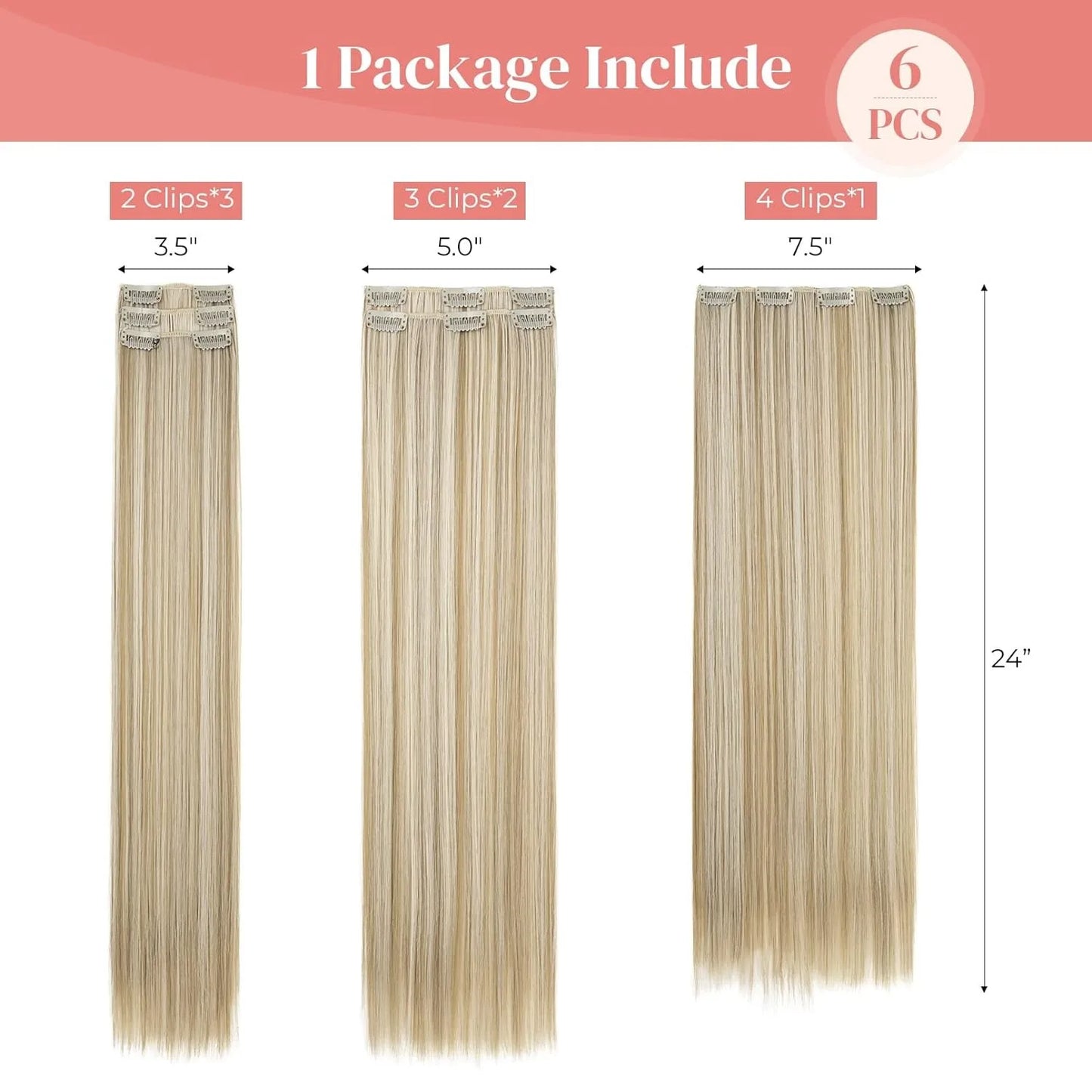 Synthetic 24Inch 16 Clips in Hair Extensions Long Straight Hairstyle Blonde Black Hairpieces Heat Resistant False Hair Daily Use