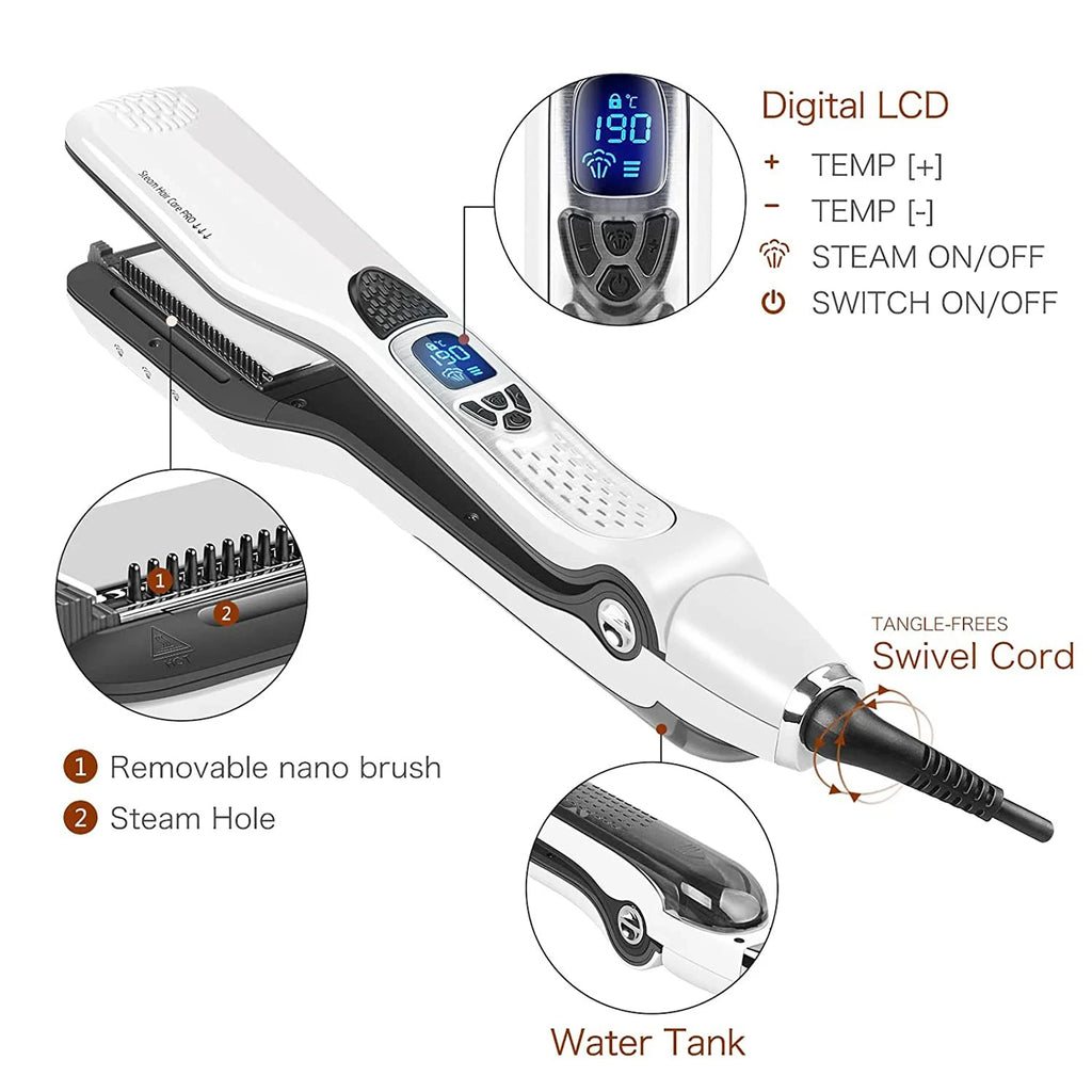 Professional Steam Hair Straightener Brush Anti-scald Negative Ion Hair Care Ceramic Wide Hair Curling Flat Plates Lcd Display