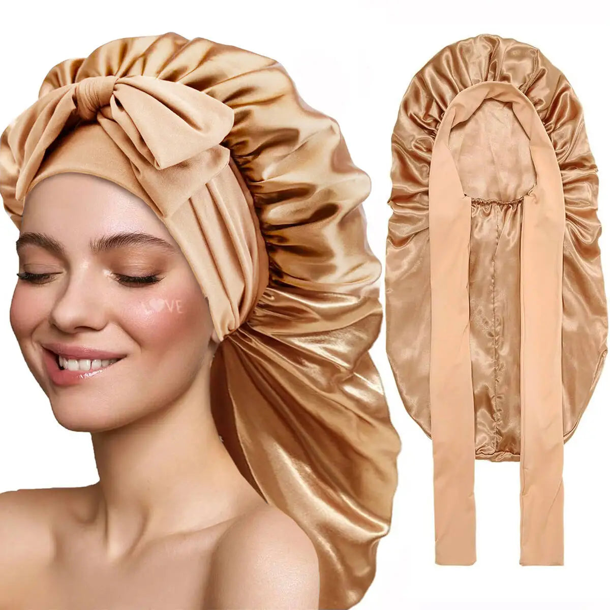Women Bonnet Satin Sleeping Hat Long Tail Braid Hair Night Sleep Cap Head Cover Bonnets Shower Caps for Sauna Bathing Bonnet