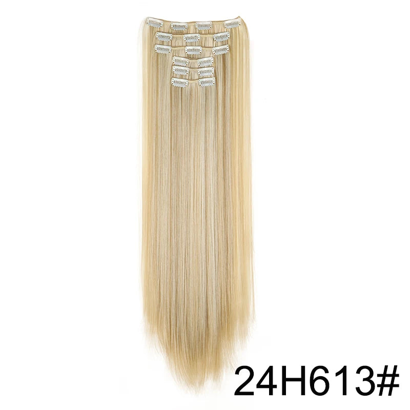 Synthetic 24Inch 16 Clips in Hair Extensions Long Straight Hairstyle Blonde Black Hairpieces Heat Resistant False Hair Daily Use
