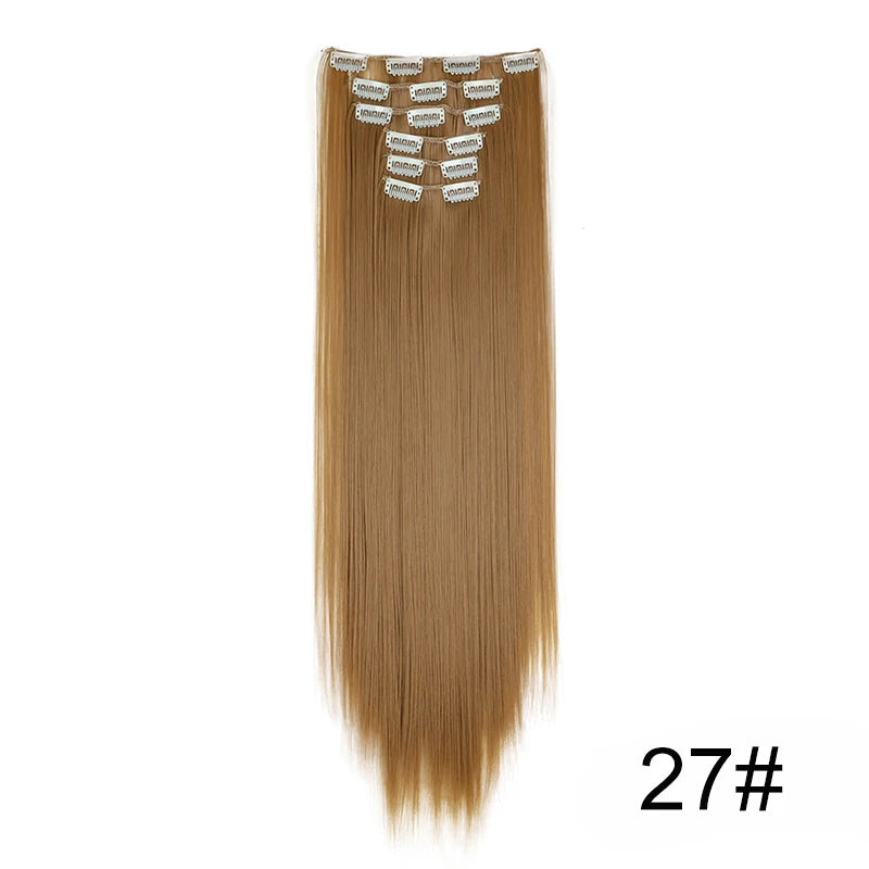 Synthetic 24Inch 16 Clips in Hair Extensions Long Straight Hairstyle Blonde Black Hairpieces Heat Resistant False Hair Daily Use