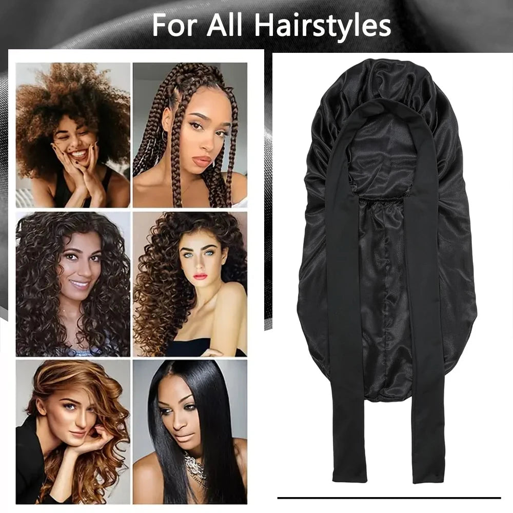 Women Bonnet Satin Sleeping Hat Long Tail Braid Hair Night Sleep Cap Head Cover Bonnets Shower Caps for Sauna Bathing Bonnet