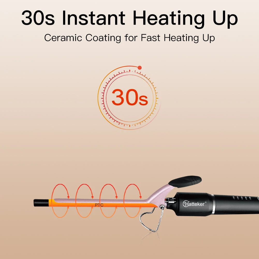 Hatteker 9mm Professional Hair Curler Ceramic Barrel Iron Smart Auto-Off Women's Wet/Dry Constant Temperature Protection Tool