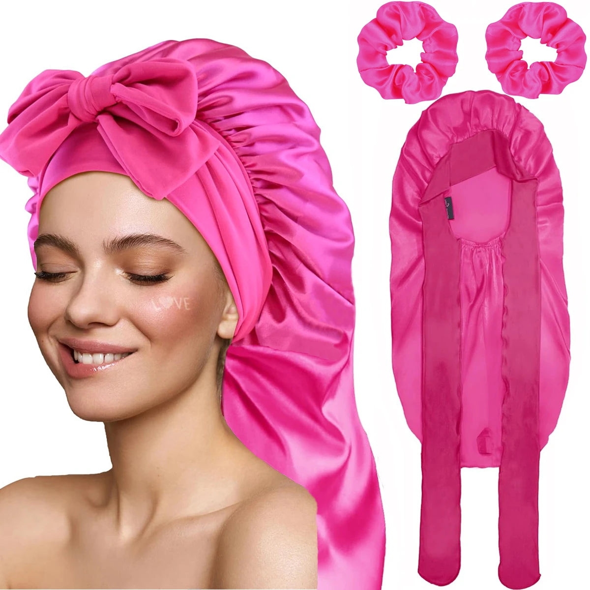 Women Bonnet Satin Sleeping Hat Long Tail Braid Hair Night Sleep Cap Head Cover Bonnets Shower Caps for Sauna Bathing Bonnet