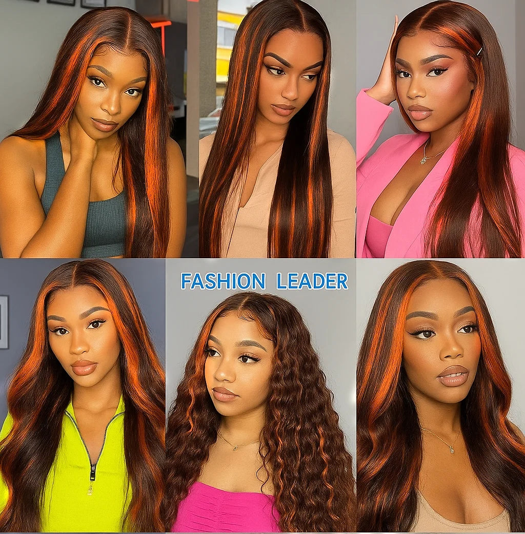 Highlight Lace Front Human Hair Wig Ginger Orange Gradient Straight Hair Glueless 5x5 Bleached Lace Wig Colored Human Hair wigs