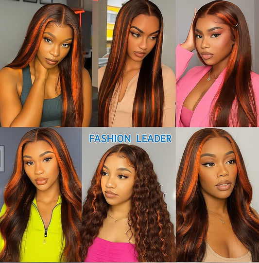 Highlight Lace Front Human Hair Wig Ginger Orange Gradient Straight Hair Glueless 5x5 Bleached Lace Wig Colored Human Hair wigs