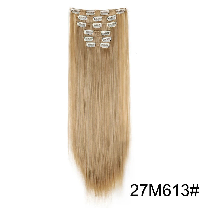 Synthetic 24Inch 16 Clips in Hair Extensions Long Straight Hairstyle Blonde Black Hairpieces Heat Resistant False Hair Daily Use