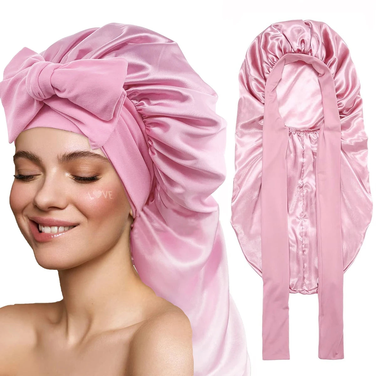 Women Bonnet Satin Sleeping Hat Long Tail Braid Hair Night Sleep Cap Head Cover Bonnets Shower Caps for Sauna Bathing Bonnet