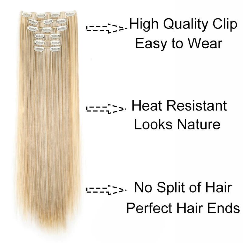 Synthetic 24Inch 16 Clips in Hair Extensions Long Straight Hairstyle Blonde Black Hairpieces Heat Resistant False Hair Daily Use