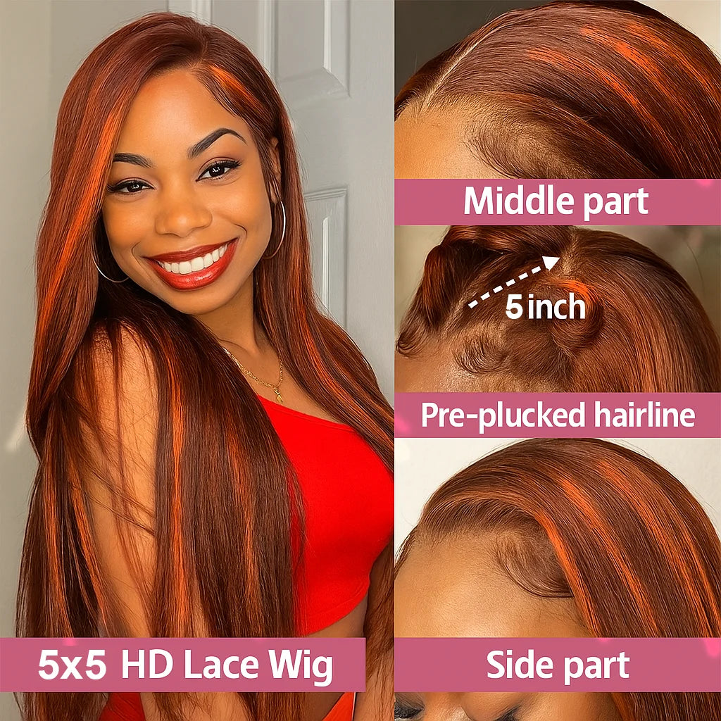 Highlight Lace Front Human Hair Wig Ginger Orange Gradient Straight Hair Glueless 5x5 Bleached Lace Wig Colored Human Hair wigs