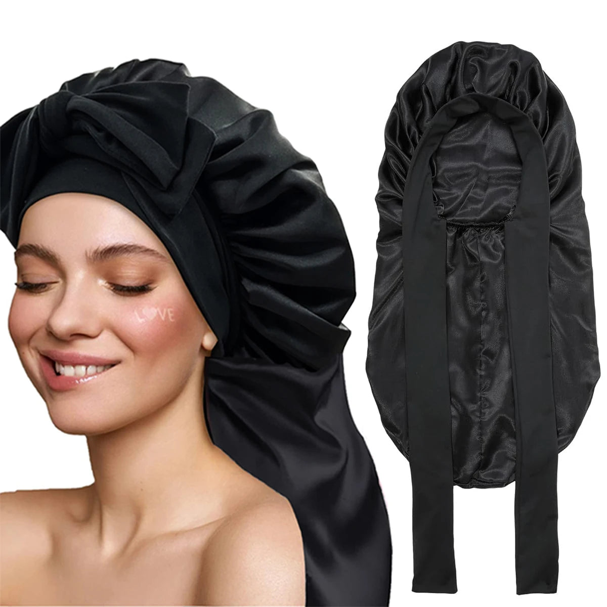 Women Bonnet Satin Sleeping Hat Long Tail Braid Hair Night Sleep Cap Head Cover Bonnets Shower Caps for Sauna Bathing Bonnet