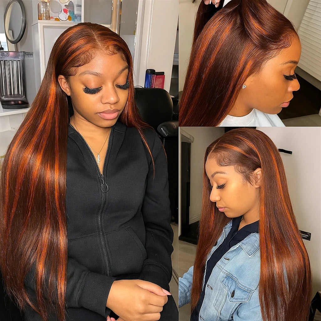 Highlight Lace Front Human Hair Wig Ginger Orange Gradient Straight Hair Glueless 5x5 Bleached Lace Wig Colored Human Hair wigs