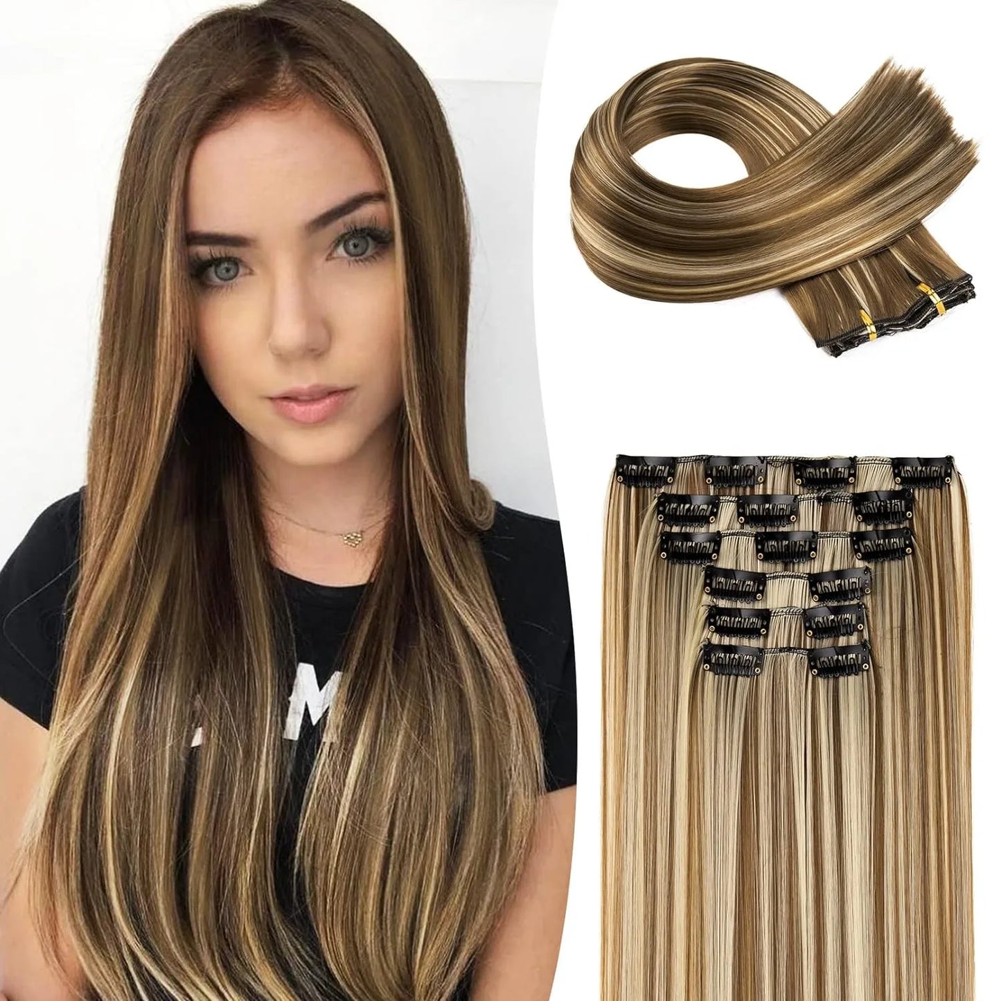 Synthetic 24Inch 16 Clips in Hair Extensions Long Straight Hairstyle Blonde Black Hairpieces Heat Resistant False Hair Daily Use